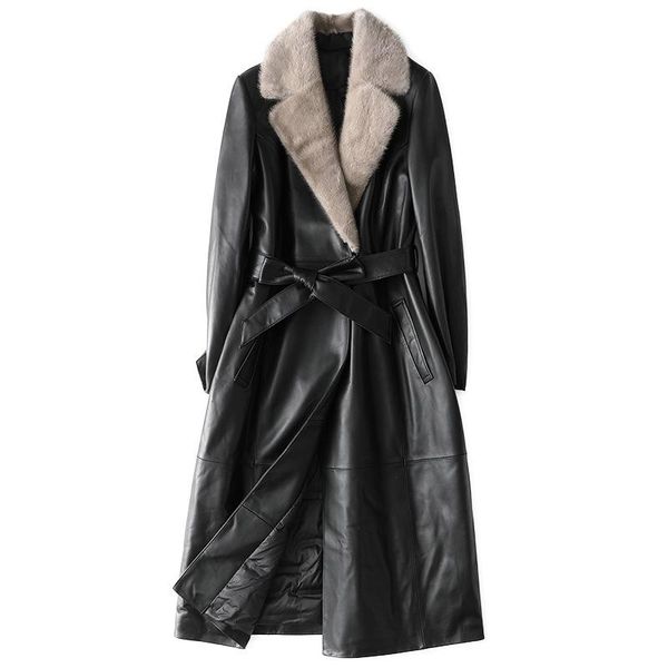 women's leather & faux thick warm collar down jacket with belt women autumn winter slim sheepskin casual coat long bla, Black
women's leather & faux thick warm collar down jacket with belt women autumn winter slim sheepskin casual coat long bla, Black