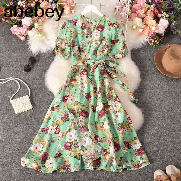 women fashion print sashes dress summer v neck floral a line es korean casual puff sleeve elegant split 210512, Black;gray
women fashion print sashes dress summer v neck floral a line es korean casual puff sleeve elegant split 210512, Black;gray