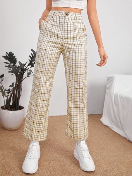 petite plaid print straight leg pants c0rr#, Black;white