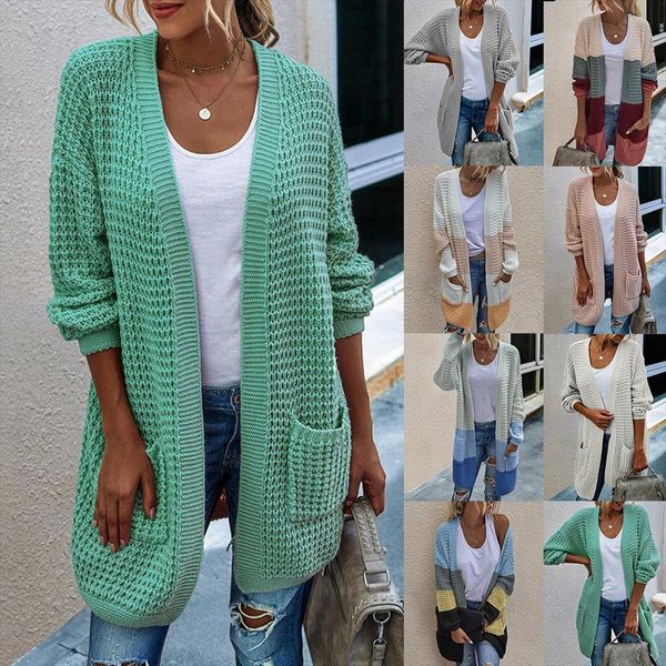 women open front knit cardigan sweater long sleeve solid color block striped with pockets outerwear femal office streetwear, White;black
women open front knit cardigan sweater long sleeve solid color block striped with pockets outerwear femal office streetwear, White;black