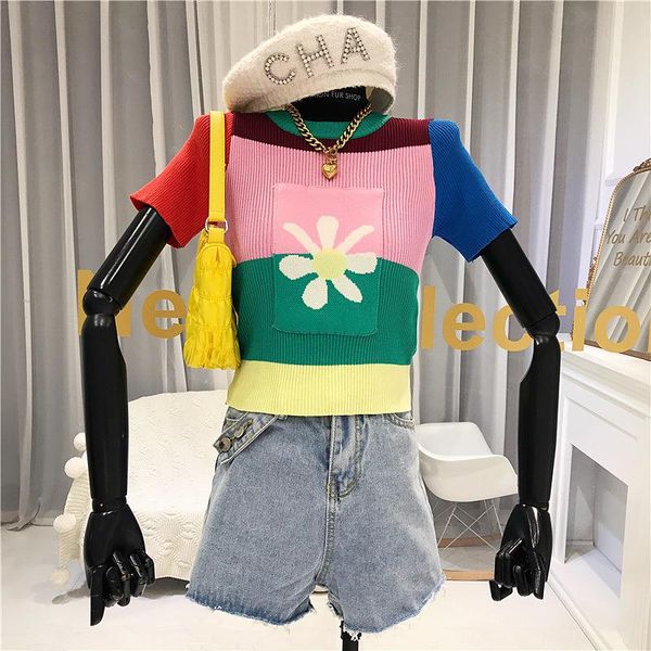 women's sweaters women vintage patchwork color rainbow crop sweater spring summer short sleeve pull pullover woman knitted swaters, White;black
women's sweaters women vintage patchwork color rainbow crop sweater spring summer short sleeve pull pullover woman knitted swaters, White;black