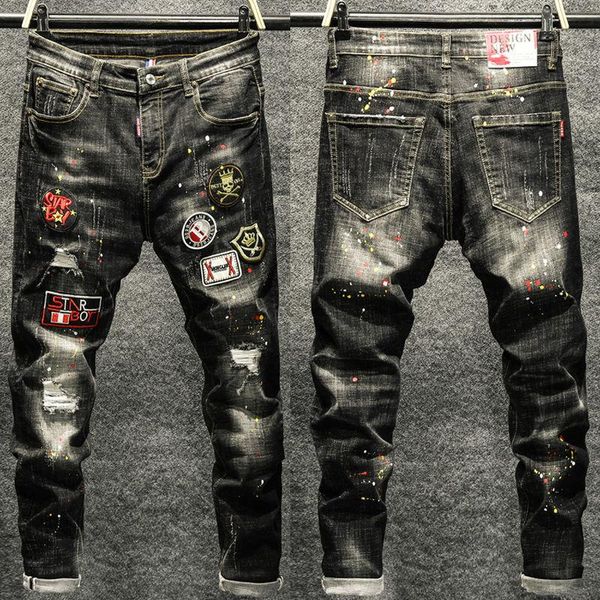 men's jeans 2021 male personality badge embroidery ripped black and gray trend patch long pants, Blue
men's jeans 2021 male personality badge embroidery ripped black and gray trend patch long pants, Blue