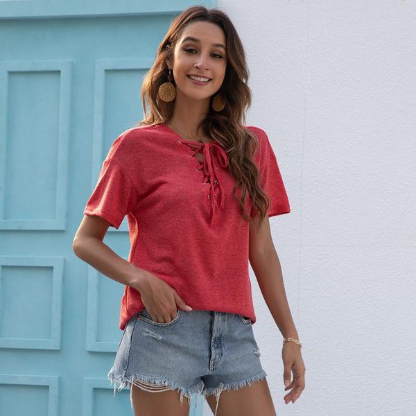 women's summer t-shirt v neck with ties solid color cozy female clothing casual comfortable, White
women's summer t-shirt v neck with ties solid color cozy female clothing casual comfortable, White