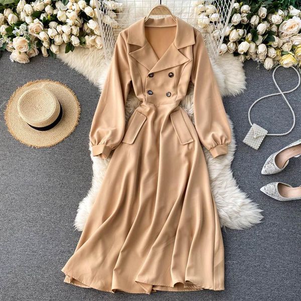 women's trench coats commuter temperament suit collar double breasted waist over knee dress autumn, Tan;black
women's trench coats commuter temperament suit collar double breasted waist over knee dress autumn, Tan;black