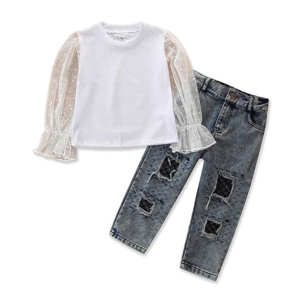clothing sets children kid girl clothes spring autumn 2pcs mesh dot perspective shirt long sleeve ripped jeans outfits set 2-6years, White
clothing sets children kid girl clothes spring autumn 2pcs mesh dot perspective shirt long sleeve ripped jeans outfits set 2-6years, White