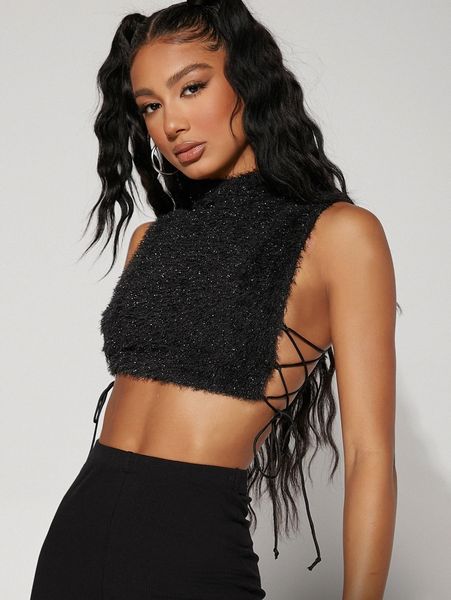 lace up side keyhole back crop fuzzy tank v2sg#, White