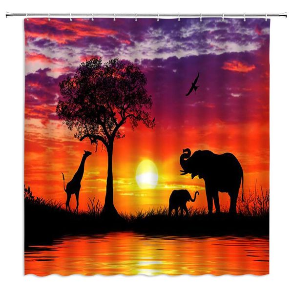 sunset with animal shower curtain african grassland beautiful sunset animal elephant family giraffe silhouette by the lake,70x70
sunset with animal shower curtain african grassland beautiful sunset animal elephant family giraffe silhouette by the lake,70x70