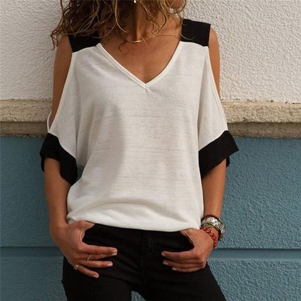 women's t-shirt summer tshirt for women fashion off shoulder v-neck black white patchwork tees
women's t-shirt summer tshirt for women fashion off shoulder v-neck black white patchwork tees