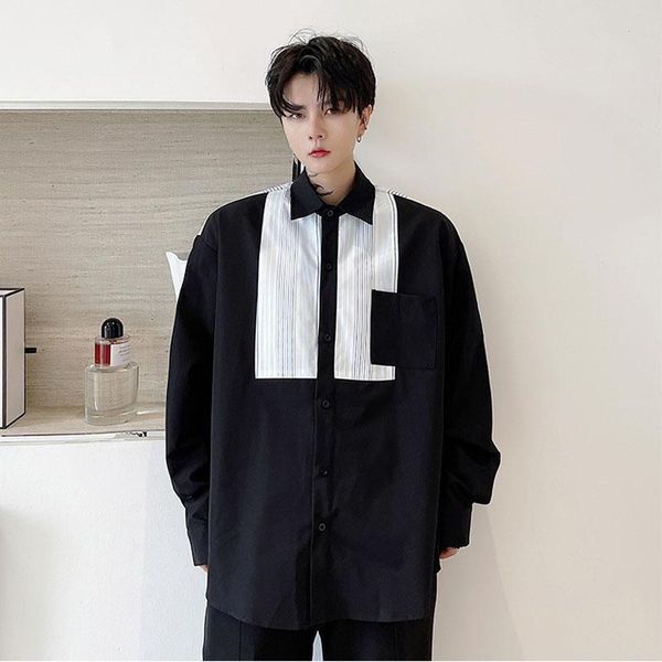men's casual shirts splice stripe long sleeve loose shirt korean harajuku fashion chic dress for men, White;black
men's casual shirts splice stripe long sleeve loose shirt korean harajuku fashion chic dress for men, White;black