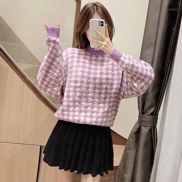 women's sweaters purple sweters oversized knitted sweater women long sleeve loose plaid pullover female 2021 autumn winter retro jumper, White;black
women's sweaters purple sweters oversized knitted sweater women long sleeve loose plaid pullover female 2021 autumn winter retro jumper, White;black