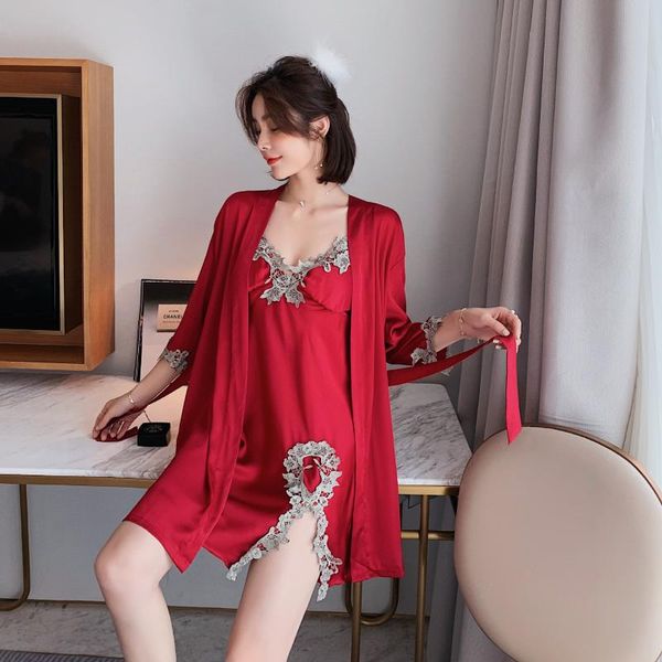 women's sleepwear bridal wedding twinset robe suit lace trim bathrobe&nightgown set v-neck casual kimono bath gown satin intimate linge, Black;red
women's sleepwear bridal wedding twinset robe suit lace trim bathrobe&nightgown set v-neck casual kimono bath gown satin intimate linge, Black;red