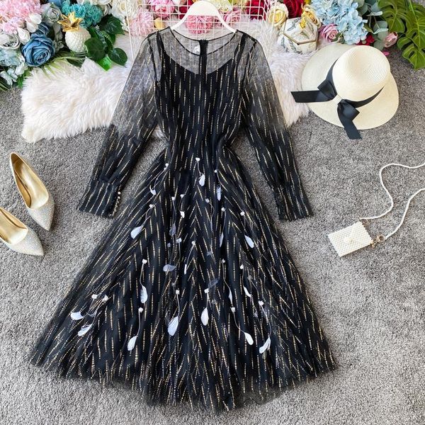 casual dresses shiny mesh party dress cute pearl feather 2 piece set retro evening women summer long outfits, Black;gray
casual dresses shiny mesh party dress cute pearl feather 2 piece set retro evening women summer long outfits, Black;gray