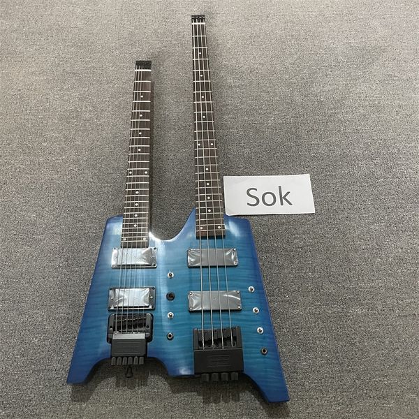 double neck headless electric guitar with flamed maple blue burst color 6 string guitar + 4 string bass combo guitars guitarra
double neck headless electric guitar with flamed maple blue burst color 6 string guitar + 4 string bass combo guitars guitarra