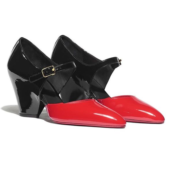 dress shoes luxury high-quality patent leather color matching ladies single hollow pointed metal buckle retro women's, Black 
dress shoes luxury high-quality patent leather color matching ladies single hollow pointed metal buckle retro women's, Black