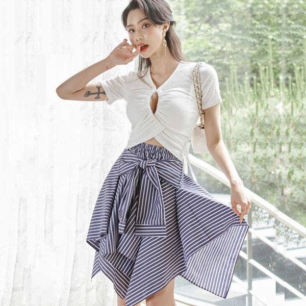 hollow out short tshirt knit bow knot lace up striped button asymmetry skirt suits casual sweet women 2 piece set 210529, White
hollow out short tshirt knit bow knot lace up striped button asymmetry skirt suits casual sweet women 2 piece set 210529, White