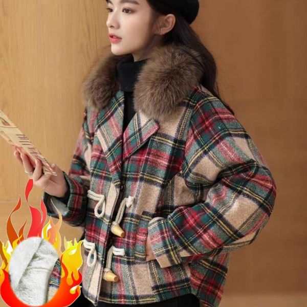 women's wool & blends women winter warm plaid woolen jacket short loose faux lamb fur ling and collar coat, Black
women's wool & blends women winter warm plaid woolen jacket short loose faux lamb fur ling and collar coat, Black