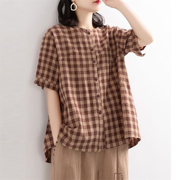 summer arts style women short sleeve loose blouse cotton linen vintage plaid shirts plus size o-neck casual m147 210512, White
summer arts style women short sleeve loose blouse cotton linen vintage plaid shirts plus size o-neck casual m147 210512, White
