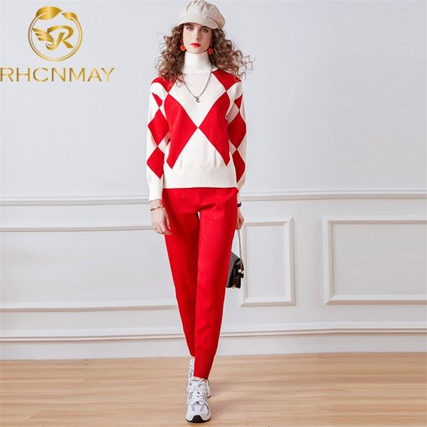 women's long sleeve geometric grid knitted and solid color pants set autumn and winter clothes two piece 210506, White
women's long sleeve geometric grid knitted and solid color pants set autumn and winter clothes two piece 210506, White