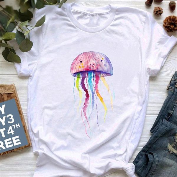 watercolor jellyfish harajuku kawaii women t shirts graphic leisure fashion hipster o neck ladies tee, White 
watercolor jellyfish harajuku kawaii women t shirts graphic leisure fashion hipster o neck ladies tee, White