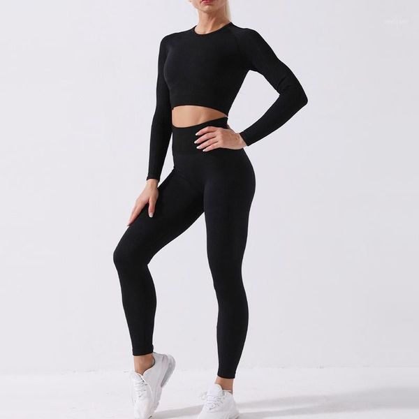 women's leggings sweatshirt fitness gym workout clothes two-piece yoga seamless tights suit training sportswear long sleeves, Black
women's leggings sweatshirt fitness gym workout clothes two-piece yoga seamless tights suit training sportswear long sleeves, Black