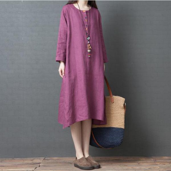 casual dresses johnature korean cotton linen o-neck pockets solid color female dress 2021 autumn vintage embroidered women, Black;gray 
casual dresses johnature korean cotton linen o-neck pockets solid color female dress 2021 autumn vintage embroidered women, Black;gray