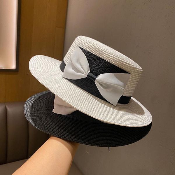 classic women's boater hat wide brim sun ladies flat bow temperament straw summer travel hats, Blue;gray
classic women's boater hat wide brim sun ladies flat bow temperament straw summer travel hats, Blue;gray