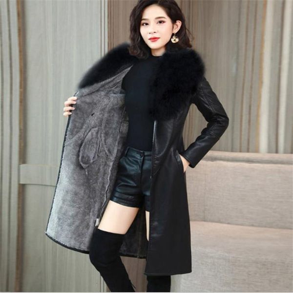 women's leather & faux large fur collar winter jacket women plus velvet thick mid-length korean slim and thin waist elegant coat yw83, Black
women's leather & faux large fur collar winter jacket women plus velvet thick mid-length korean slim and thin waist elegant coat yw83, Black