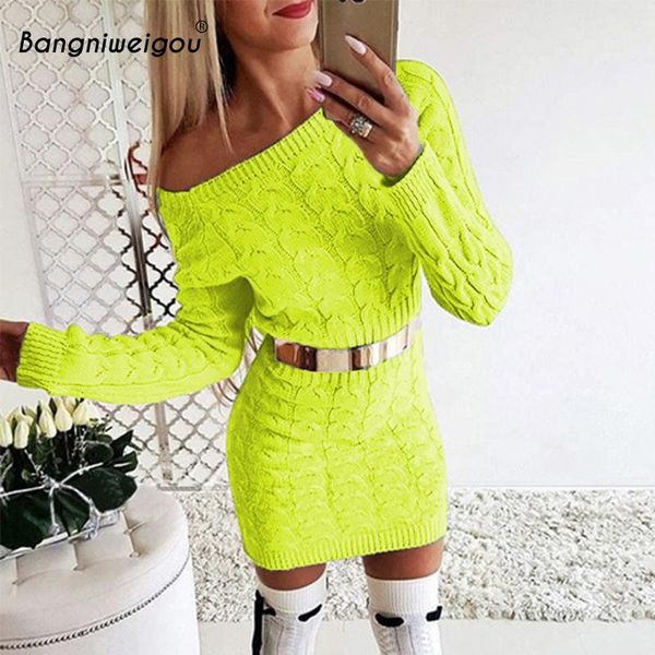 casual dresses bangniweigou slash neck neon green bodycon sweater dress autumn winter warm cozy mini knit long sleeves women outfits, Black;gray 
casual dresses bangniweigou slash neck neon green bodycon sweater dress autumn winter warm cozy mini knit long sleeves women outfits, Black;gray