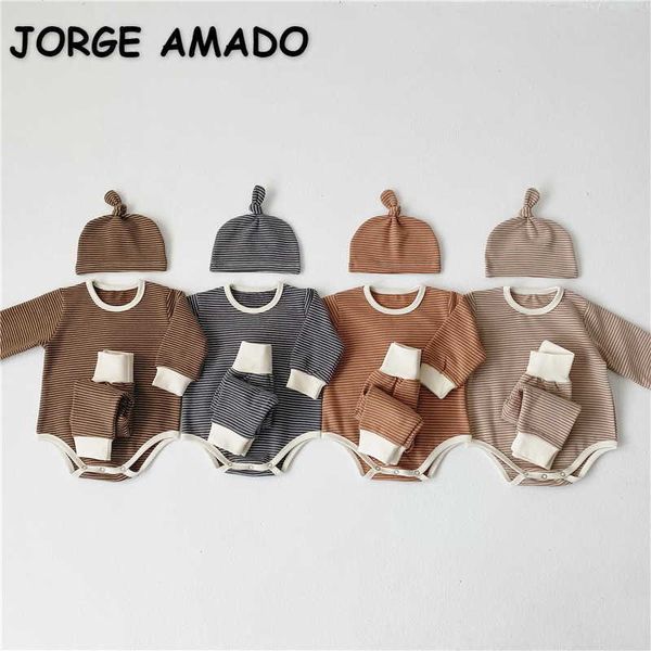 spring baby romper 3piece pajama sets girls boys thick striped bodysuit +leggings+ cap clothes e2508 210610, Blue;red 
spring baby romper 3piece pajama sets girls boys thick striped bodysuit +leggings+ cap clothes e2508 210610, Blue;red