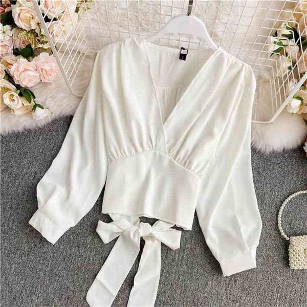 women french retro blouse v-neck puff sleeve nipped waist shirt bow autumn japan korean slim fit short female blusa gx1094 210507, White 
women french retro blouse v-neck puff sleeve nipped waist shirt bow autumn japan korean slim fit short female blusa gx1094 210507, White