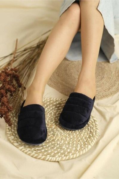 women's navy blue plush home slipper slippers, Black