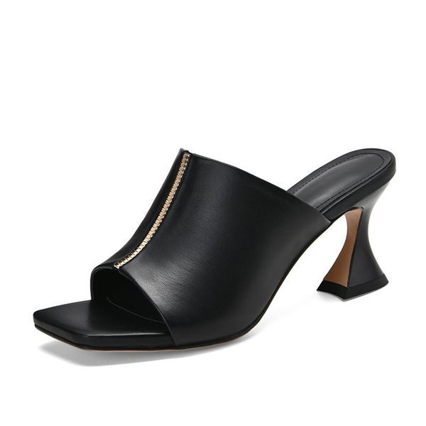 summer high heels sandals elegant fashion genuine leather female slippers women retro wedding party shoes woman, Black