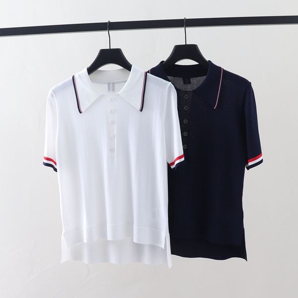 t shirt 2021 summer tb contrast stripe polo collar short front and long back ice silk knitted versatile loose top, White 
t shirt 2021 summer tb contrast stripe polo collar short front and long back ice silk knitted versatile loose top, White