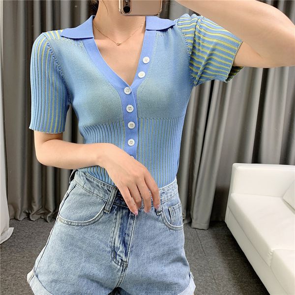 tee contrast knitted tshirt women summer turn down collar short sleeve slim shirt, White
tee contrast knitted tshirt women summer turn down collar short sleeve slim shirt, White