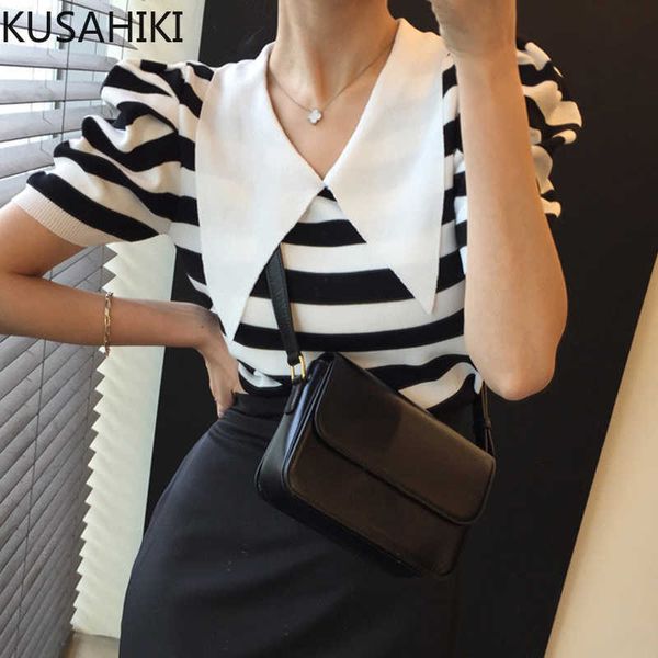 kusahiki summer thin knitted korean hit color stripe knitwear puff sleeve turn-down collar causal women jumpers 6h292 210602, White;black
kusahiki summer thin knitted korean hit color stripe knitwear puff sleeve turn-down collar causal women jumpers 6h292 210602, White;black