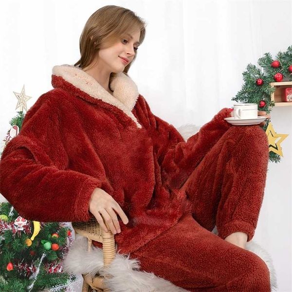 july's song flannel winter pajamas set thickening 2 piece sleepwear casual loose warm homewear coral fleece nightwear 211104, Black;red
july's song flannel winter pajamas set thickening 2 piece sleepwear casual loose warm homewear coral fleece nightwear 211104, Black;red