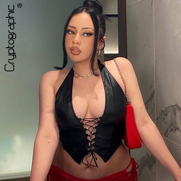 cryptographic pu leather bandage halter lace up crop for women sleeveless club party tank slim streetwear punk, Black;white
cryptographic pu leather bandage halter lace up crop for women sleeveless club party tank slim streetwear punk, Black;white