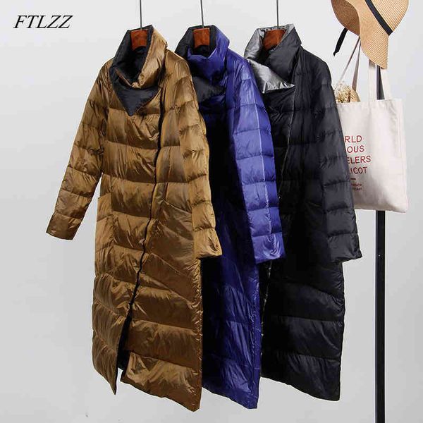 white duck down ultra light jacket women winter long coat double sided slim overcoat single breasted parkas 210423, Black
white duck down ultra light jacket women winter long coat double sided slim overcoat single breasted parkas 210423, Black
