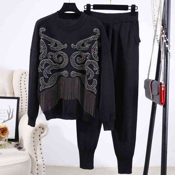 pant knitting outfits women handwork beading chain tassel sweater long pants two piece set female loose casual black knitted suit 2pc, White
pant knitting outfits women handwork beading chain tassel sweater long pants two piece set female loose casual black knitted suit 2pc, White