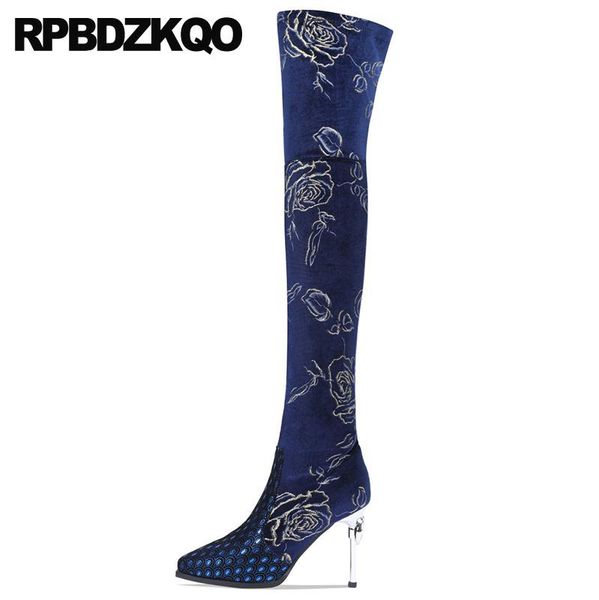 boots high heel women over the knee thigh shoes crotch pointed toe blue stiletto metal flower slim embroidery brand embroidered, Black
boots high heel women over the knee thigh shoes crotch pointed toe blue stiletto metal flower slim embroidery brand embroidered, Black