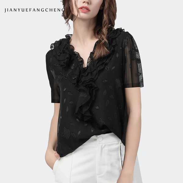 women's blouses & shirts black ruffled short sleeve chiffon jacquard blouse fashion 2021 summer womens loose-fitting v-neck casual fem, White
women's blouses & shirts black ruffled short sleeve chiffon jacquard blouse fashion 2021 summer womens loose-fitting v-neck casual fem, White