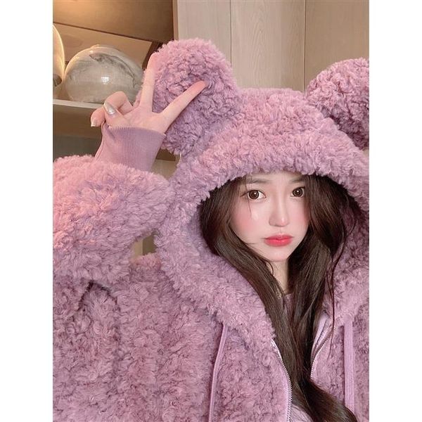 women's wool & blends 2021 winter lamb plush fur coat hooded short thickened loose ear top, Black
women's wool & blends 2021 winter lamb plush fur coat hooded short thickened loose ear top, Black