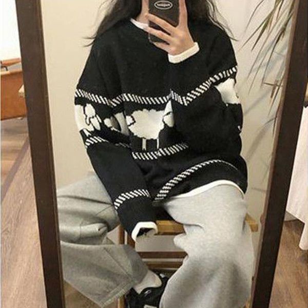 women's sweaters 2021 female loose casual pullover ins cute knitwear women cartoon print autumn winter knitted sweater harajuku jumper, White;black
women's sweaters 2021 female loose casual pullover ins cute knitwear women cartoon print autumn winter knitted sweater harajuku jumper, White;black