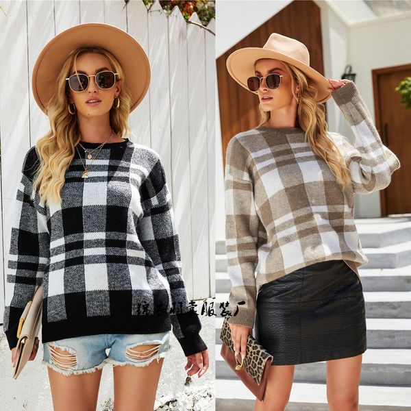 2021 winter new women's pullover plaid large sweater, White 
2021 winter new women's pullover plaid large sweater, White