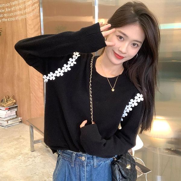 women's sweaters sweater women 2021 korean fashion elegant retro wild round neck flower decoration design base knit pullover, White;black
women's sweaters sweater women 2021 korean fashion elegant retro wild round neck flower decoration design base knit pullover, White;black
