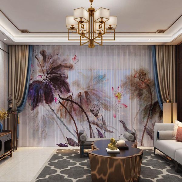 customized po curtains drape panel sheer tulle for living room door bedroom natural lotus scenery chinese style curtain & drapes