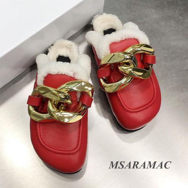 slippers fashion red leather round-toed metallic chain flat winter plush women's home shoes, Black
slippers fashion red leather round-toed metallic chain flat winter plush women's home shoes, Black