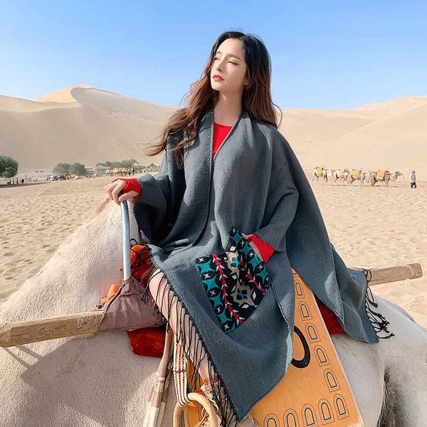 scarf female winter outside take a fork shawl imitation cashmere thickened warm tassel pocket cloak dert tourism po, Blue;gray
scarf female winter outside take a fork shawl imitation cashmere thickened warm tassel pocket cloak dert tourism po, Blue;gray