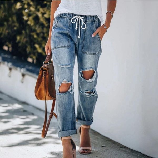 women's jeans high waist elastic lace up big pocket trousers with holes autumn straight ripped female cords denim pants, Blue
women's jeans high waist elastic lace up big pocket trousers with holes autumn straight ripped female cords denim pants, Blue