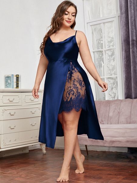plus contrast eyelash lace drape neck split thigh satin sleep dress g7fj#, Black;white
plus contrast eyelash lace drape neck split thigh satin sleep dress g7fj#, Black;white